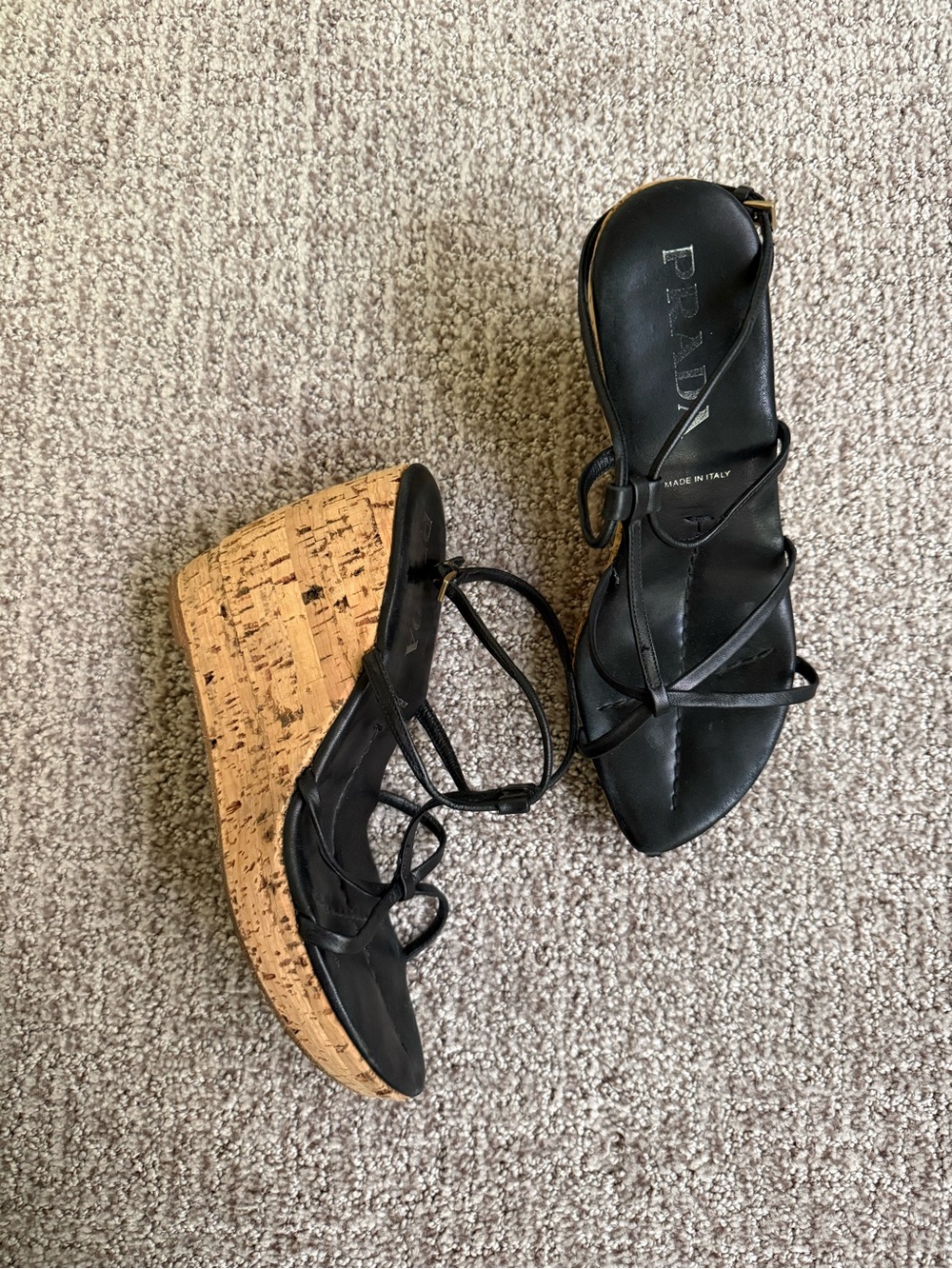 Prada Black Leather Strappy Cork Wedges